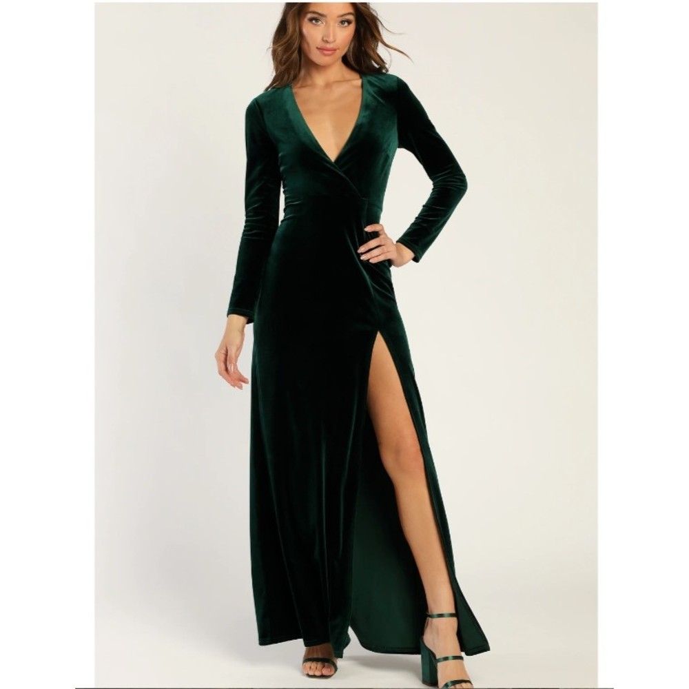 Lulu's Womens 1X Sensational Memories Emerald Green Velvet Surplice Maxi Dress